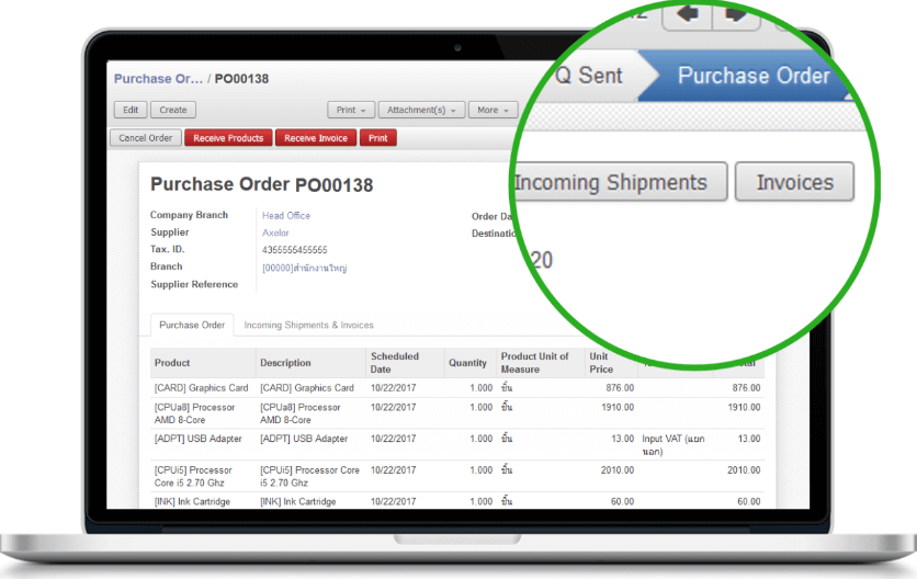 เราสามารถที่จะดูข้อมูลที่เกี่ยวกับคำสั่งซื้อ หรือ  PO (Purchase Orders) ได้ทั้งในส่วนของการแจ้งหนี้ การจ่ายชำระ หรือจะเป็นเรื่องของการรับสินค้า เพียงคลิกปุ่มลัด หรือ Shotcut 