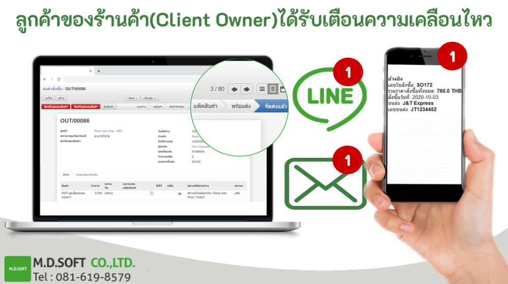 ระบบจะช่วยเตือนให้กับทางลูกค้าของร้านได้ทราบการเคลื่อนไหวของสินค้าที่สั่งตาม Order