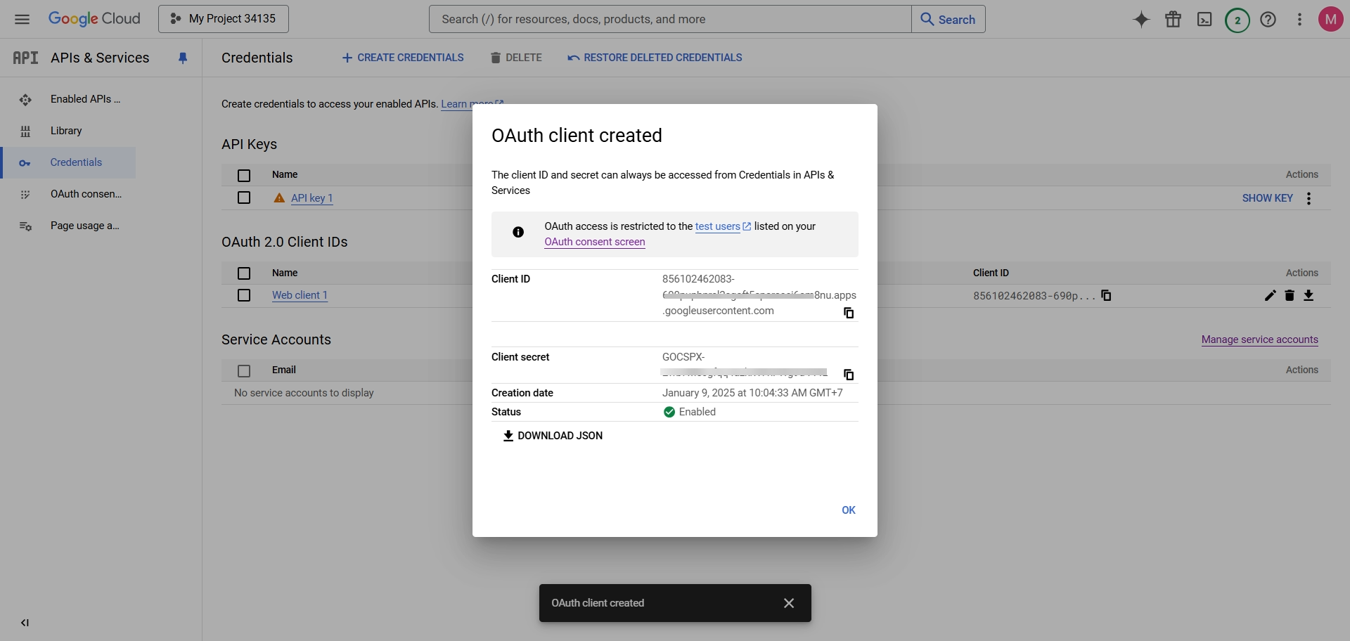 ข้อมูล Client ID และ Client Secret ที่ถูกสร้างขึ้นพร้อมใช้งาน
