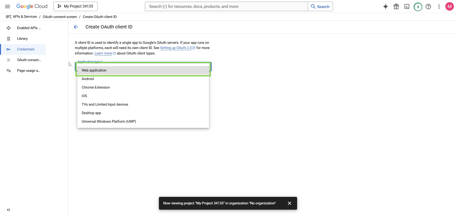 เมนู Dropdown สำหรับเลือกหัวข้อ OAuth Client ID
