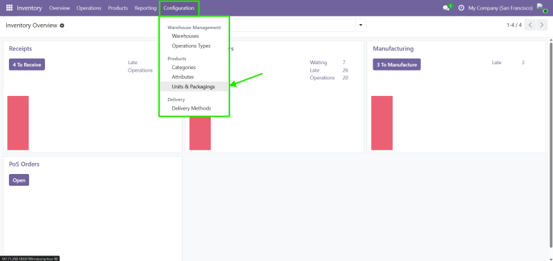 1-Odoo Units & Packagings Configuration ภาพหน้าจอ Odoo แสดงเมนู Configuration สำหรับตั้งค่าหน่วยสินค้าและบรรจุภัณฑ์ในระบบ Inventory