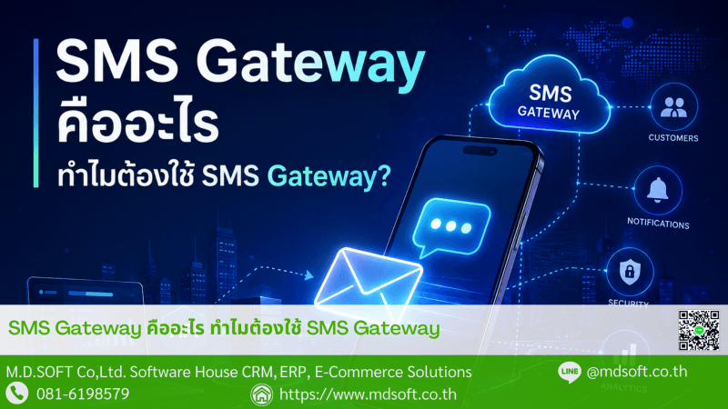 ภาพแสดงการทำงานของ SMS Gateway ซึ่งเป็นตัวกลางเชื่อมต่อระหว่างระบบหรือแอปพลิเคชันกับโทรศัพท์มือถือ เพื่อส่งข้อความ SMS ไปยังผู้รับผ่านระบบอัตโนมัติ