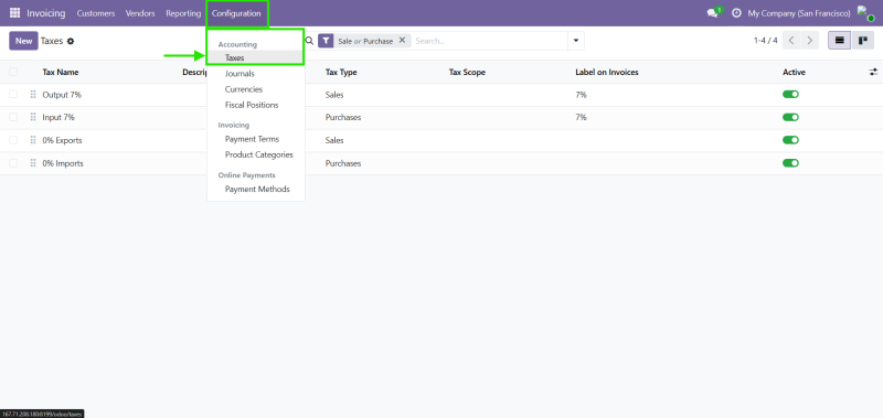 เข้าเมนู Configuration และ Taxes ใน Odoo