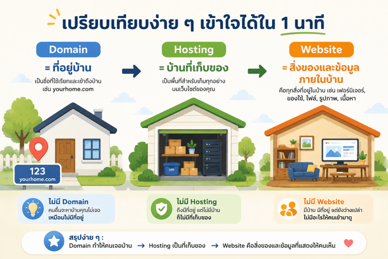 Domain, Hosting และ Website ต่างกันอย่างไร? ภาพเปรียบเทียบ Domain, Hosting และ Website ด้วยตัวอย่างที่เข้าใจง่าย โดย Domain เปรียบเสมือนที่อยู่บ้าน, Hosting คือพื้นที่เก็บข้อมูล และ Website คือสิ่งของและข้อมูลที่อยู่ภายในบ้าน