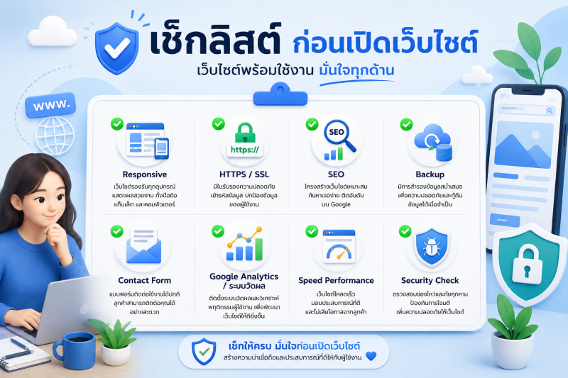 เช็กลิสต์ก่อนเปิดเว็บไซต์ ตรวจให้ครบก่อนเปิดใช้งาน ภาพอินโฟกราฟิกเช็กลิสต์ก่อนเปิดเว็บไซต์ แสดงหัวข้อสำคัญ เช่น Responsive, HTTPS/SSL, SEO, Backup, Contact Form, Google Analytics, ความเร็วเว็บไซต์ และความปลอดภัย