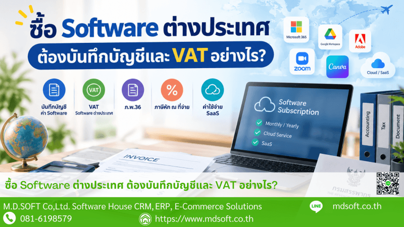Foreign Software Purchases and VAT Accounting in Thailand ภาพประกอบการซื้อซอฟต์แวร์จากต่างประเทศและการบันทึกบัญชีที่เกี่ยวข้องกับภาษีมูลค่าเพิ่ม (VAT) โดยแสดงตัวอย่างซอฟต์แวร์และบริการ Cloud SaaS จากต่างประเทศ