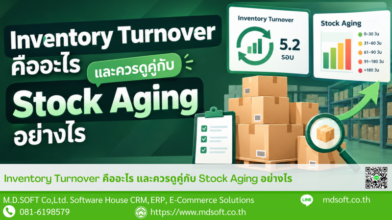 Inventory Turnover: What It Is and Why You Should Analyze It Together with Stock Aging ภาพหน้าปกบทความแสดงแนวคิดการวิเคราะห์ Inventory Turnover ร่วมกับ Stock Aging โดยใช้แดชบอร์ดแสดงอัตราการหมุนเวียนสินค้า กราฟอายุสินค้าคงคลัง และภาพคลังสินค้าพร้อมกล่องสินค้า เพื่อสื่อถึงการติดตามประสิทธิภาพการบริหารสต๊อก การวางแผน Reorder และการลดความเสี่ยงของสินค้าค้างสต๊อก ช่วยให้ธุรกิจตัดสินใจด้านสินค้าคงคลังได้อย่างแม่นยำมากขึ้น
