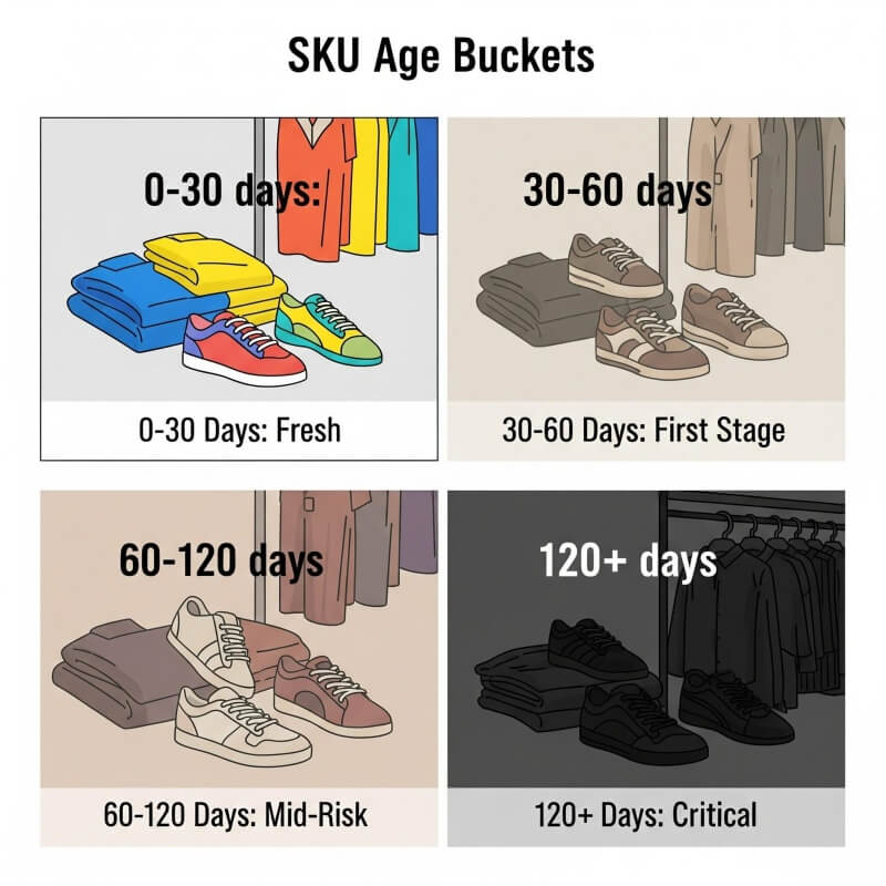 SKU Age Buckets: Categorizing Inventory by Age ภาพแสดงการแบ่งกลุ่มอายุสินค้าตามระยะเวลาที่อยู่ในคลัง ตั้งแต่ 0–30 วัน ไปจนถึงมากกว่า 120 วัน โดยแต่ละช่วงสะท้อนระดับความเสี่ยงของสินค้าที่ค้างสต็อกแตกต่างกัน