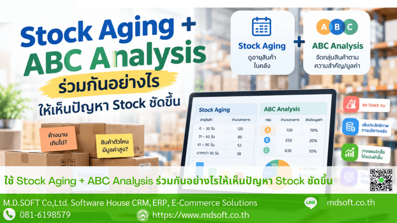 Stock Aging and ABC Analysis for Inventory Management ภาพประกอบแนวคิดการวิเคราะห์ Stock ด้วย Stock Aging และ ABC Analysis โดยใช้ข้อมูลอายุสินค้า จำนวนคงเหลือ และมูลค่าสินค้ามาพิจารณาร่วมกัน ช่วยให้ธุรกิจมองเห็นสินค้า Stock สูง สินค้าเคลื่อนไหวช้า หรือสินค้าที่มีมูลค่าสูงและควรติดตามเป็นพิเศษ เพื่อนำข้อมูลไปใช้วางแผน Inventory ได้อย่างเหมาะสม