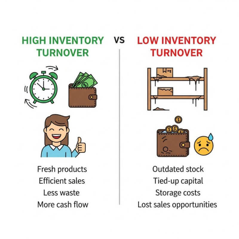 ภาพเปรียบเทียบผลลัพธ์ของ Inventory Turnover สูงและต่ำ โดยแสดงให้เห็นความแตกต่างระหว่างการหมุนเวียนสินค้าที่มีประสิทธิภาพกับปัญหาสินค้าค้างและเงินทุนจม