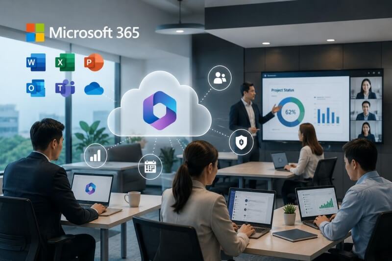 Microsoft 365 for Modern Business Collaboration ภาพประกอบการใช้งาน Microsoft 365 ในสำนักงาน แสดงทีมงานที่ทำงานร่วมกันผ่านอุปกรณ์ต่าง ๆ พร้อมระบบ Cloud และเครื่องมือดิจิทัลที่ช่วยสนับสนุนการทำงานภายในองค์กร