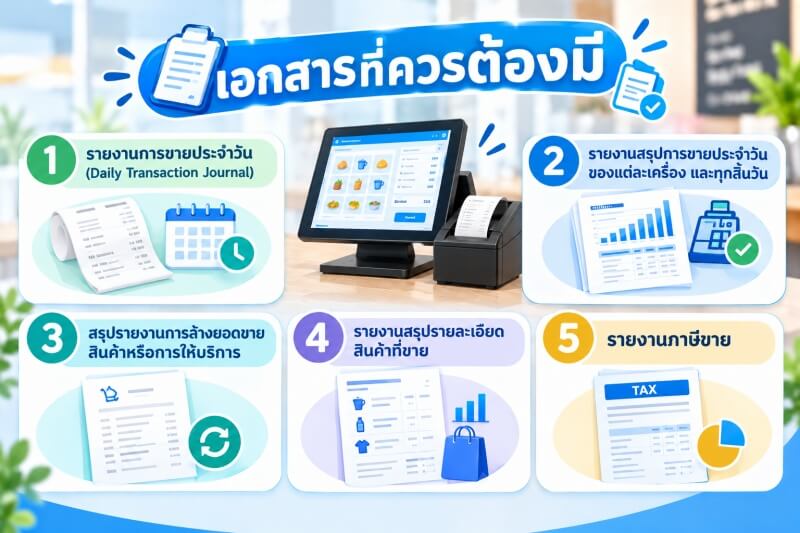 ภาพอินโฟกราฟิกเกี่ยวกับเอกสารและรายงานที่เกี่ยวข้องกับเครื่อง POS สำหรับรองรับการตรวจสอบภาษี ประกอบด้วยรายงานการขายประจำวัน รายงานสรุปการขายประจำวัน รายงานการล้างยอดขายสินค้าหรือบริการ รายงานสรุปรายละเอียดสินค้าที่ขาย และรายงานภาษีขาย พร้อมภาพประกอบเครื่อง POS เครื่องพิมพ์ใบเสร็จ และเอกสารรายงานในโทนสีฟ้าและขาว สื่อถึงการจัดการข้อมูลการขายและเอกสารทางภาษีอย่างเป็นระบบ
