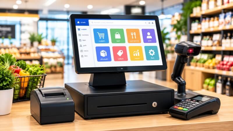 ภาพเครื่องบันทึกการเก็บเงิน POS ประกอบด้วยหน้าจอแสดงรายการขาย ลิ้นชักเก็บเงิน เครื่องพิมพ์ใบเสร็จ เครื่องสแกนบาร์โค้ด และเครื่องรับชำระเงิน ซึ่งช่วยบันทึกการขายและจัดการธุรกรรมภายในร้านค้า