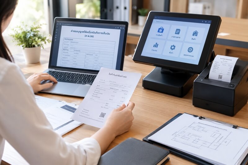 Preparing Documents and Checking Cash Registers Before PP.06 Submission ภาพบรรยากาศการทำงานในสำนักงาน มีคอมพิวเตอร์ เอกสารภาษี ใบเสร็จรับเงิน และเครื่องบันทึกการเก็บเงิน ประกอบเนื้อหาเกี่ยวกับการเตรียมข้อมูลและเอกสารสำหรับยื่นคำขอ ภ.พ.06