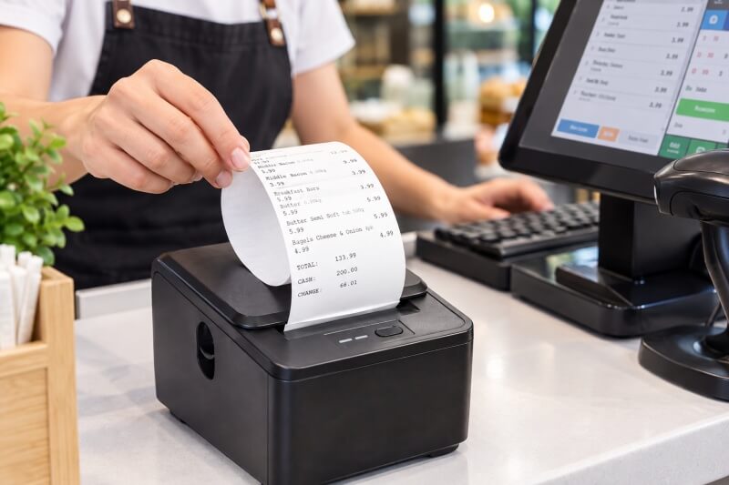 POS Receipt Printer Issuing an Abbreviated Tax Invoice ภาพพนักงานกำลังหยิบใบเสร็จที่พิมพ์ออกจากเครื่องพิมพ์ POS บริเวณเคาน์เตอร์ร้านค้า โดยมีหน้าจอระบบขายหน้าร้านอยู่ด้านหลัง สื่อถึงการใช้ระบบ POS ในการจัดทำเอกสารการขาย และความสำคัญของการตรวจสอบข้อมูลบนใบกำกับภาษีอย่างย่อก่อนนำไปใช้งานจริง