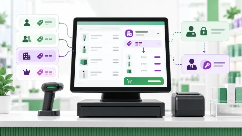 Odoo POS: Pricelist ตามลูกค้าและสิทธิ์แคชเชียร์ หน้าจอระบบ POS แสดงการกำหนด Pricelist ตามกลุ่มลูกค้าและการจำกัดสิทธิ์แคชเชียร์