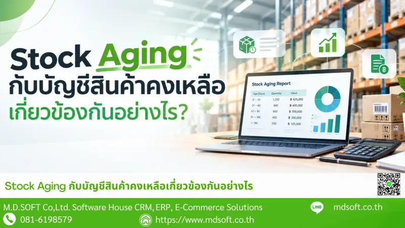 ภาพปกบทความ Stock Aging กับบัญชีสินค้าคงเหลือเกี่ยวข้องกันอย่างไร? แสดงภาพคลังสินค้าที่มีสินค้าจัดเก็บบนชั้นวาง พร้อมหน้าจอรายงาน Stock Aging ที่สรุปอายุสินค้า จำนวนคงเหลือ และมูลค่าสินค้า รวมถึงกราฟวิเคราะห์ข้อมูล ช่วยสื่อถึงการนำข้อมูลอายุสินค้ามาใช้ประกอบการตรวจสอบและวิเคราะห์สินค้าคงเหลือทางบัญชี