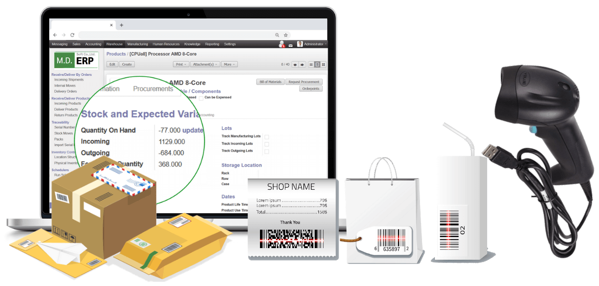 เครื่องอ่าน Serial number, Barcode, QRcode สามารถอ่านเพื่อดูสินค้าคงคลัง หรือนับจำนวนสินค้าได้อัตโนมัติ