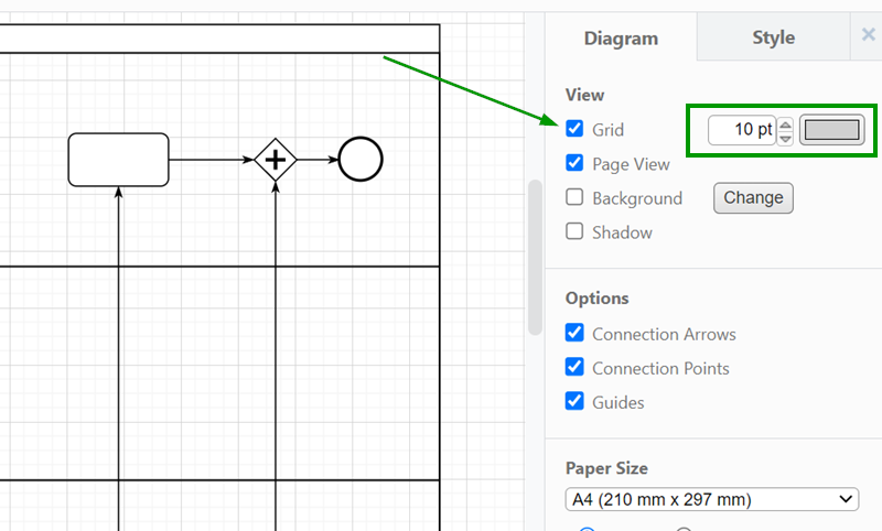 Diagram แบบ Grid ยังสามารถเลือกขนาดและสีของกริดได้ โดยการตั้งค่าไม่ซับซ้อน แน่นอนว่าจะเหมาะกับการวาด Flow