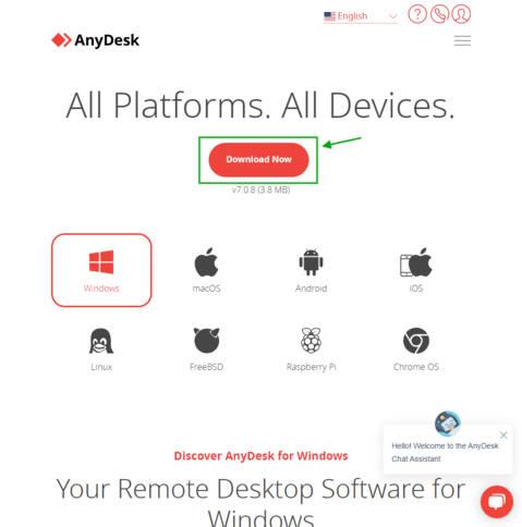 หน้าต่างสำหรับดาวน์โหลดโปรแกรม Anydesk ตาม platform โดย ตีกรอบไว้ที่ Window 