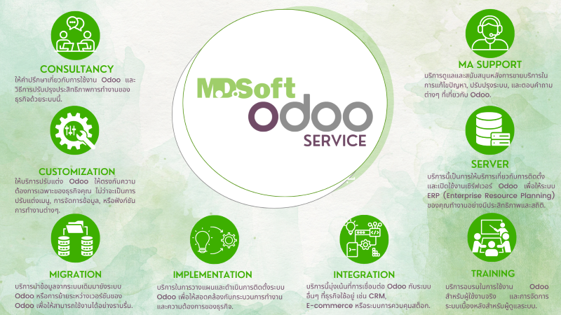 ภาพรวมบริการ MDsoft Odoo service ทั้ง 8 หัวข้อได้แก่ 